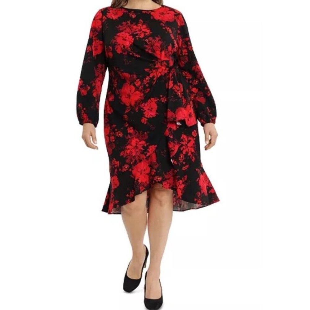 Adorne Dress Women's 16 W Red Black Floral Side Tie Ruffle Party Holiday Wedding - Picture 2 of 12